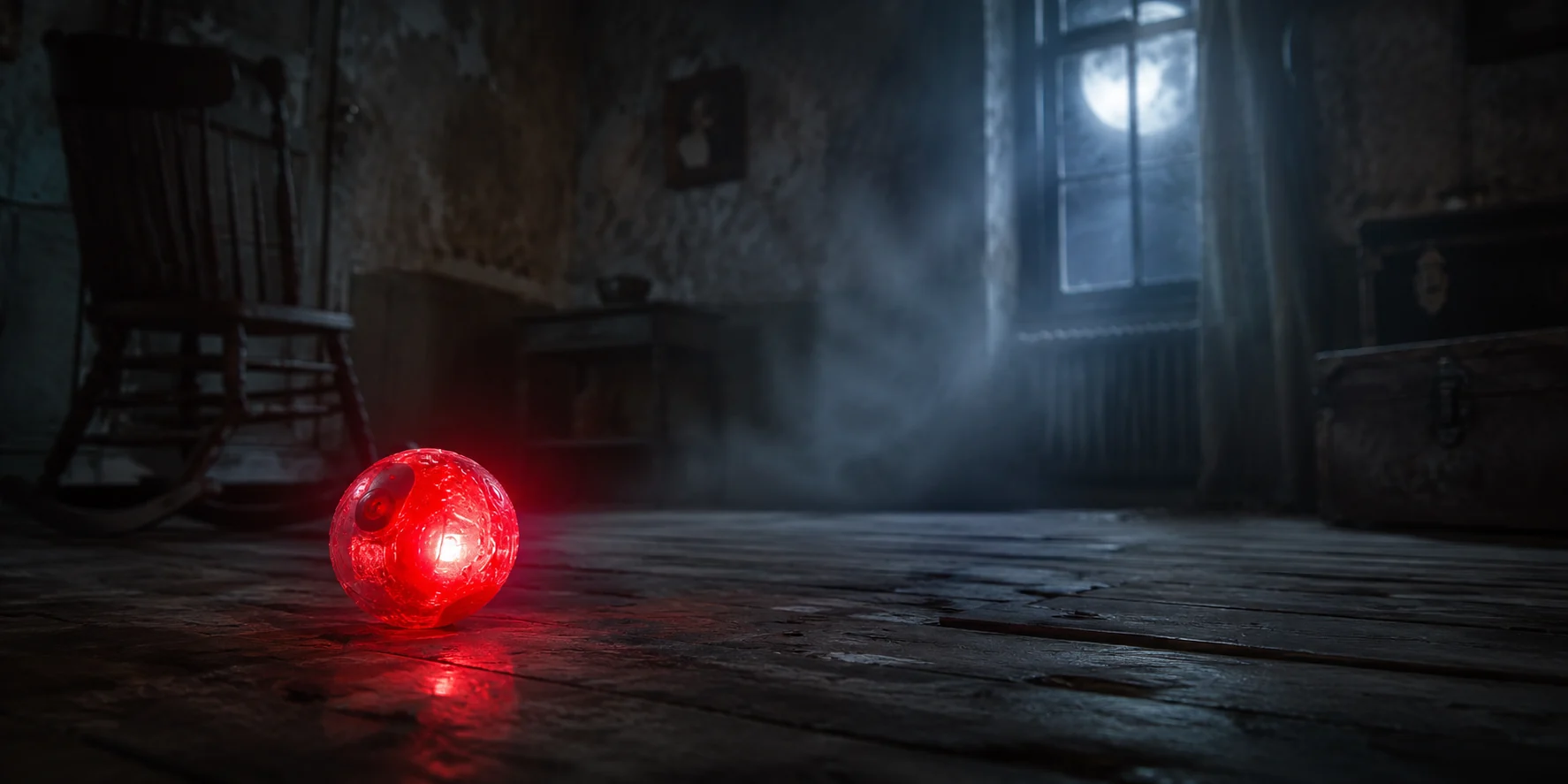 Glowing cat ball used for ghost hunting on the floor of a dark haunted room
