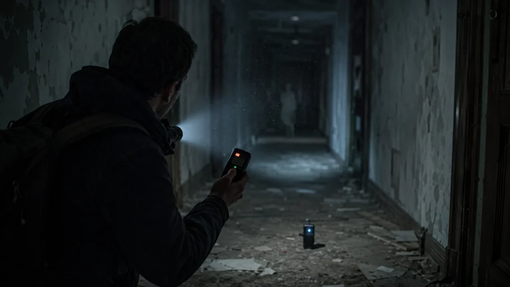 Paranormal investigator using a motion sensor in a dark abandoned corridor