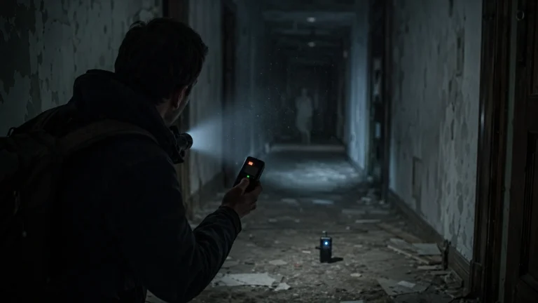 Paranormal investigator using a motion sensor in a dark abandoned corridor