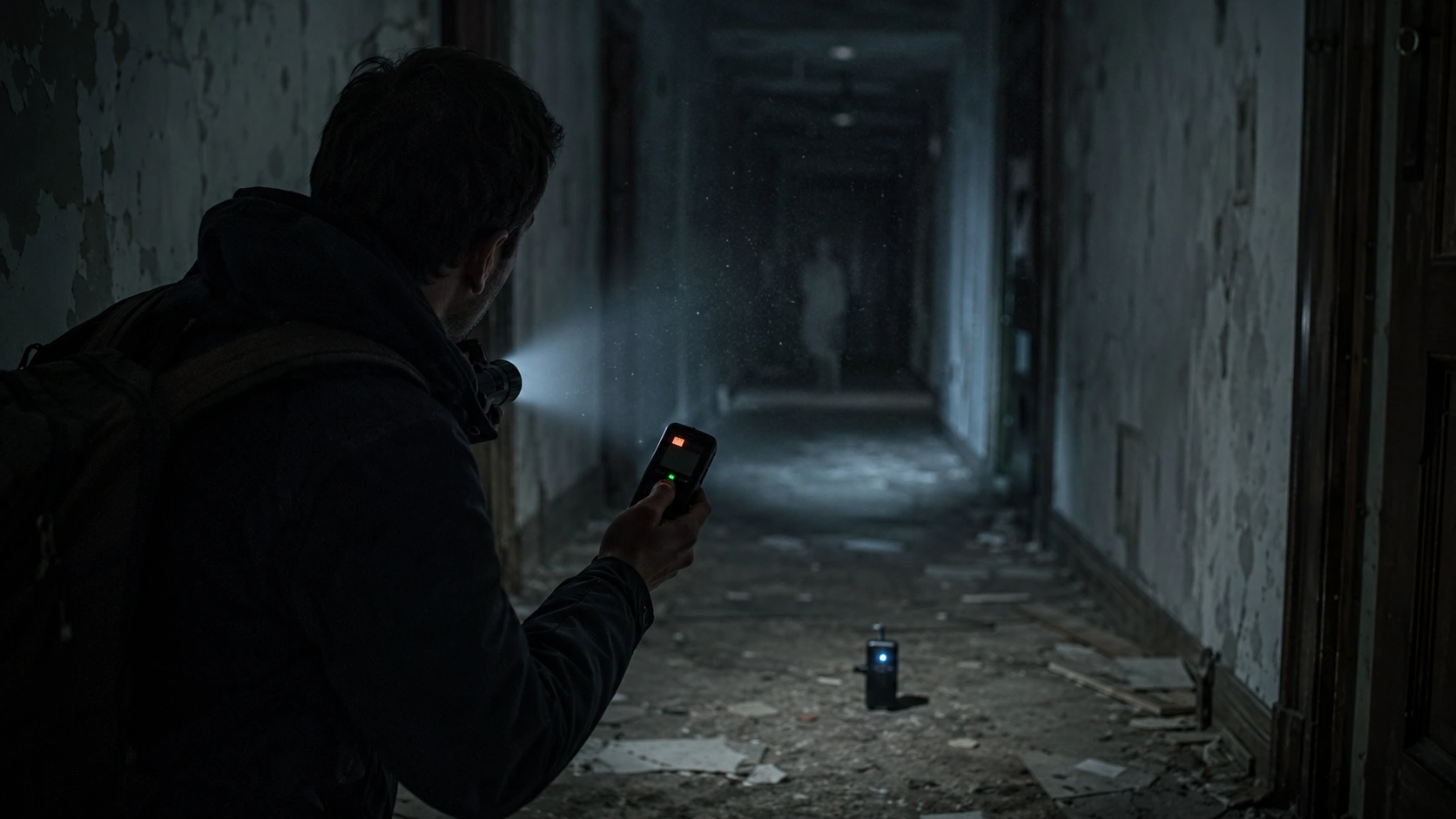 Paranormal investigator using a motion sensor in a dark abandoned corridor
