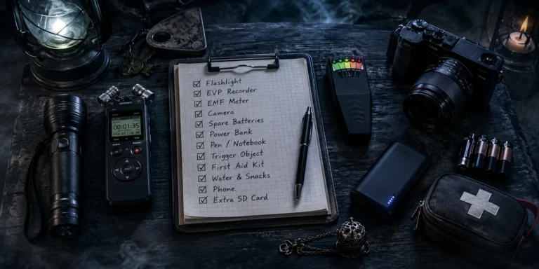 Ghost hunting equipment checklist with flashlight, EVP recorder, EMF meter, camera and notebook