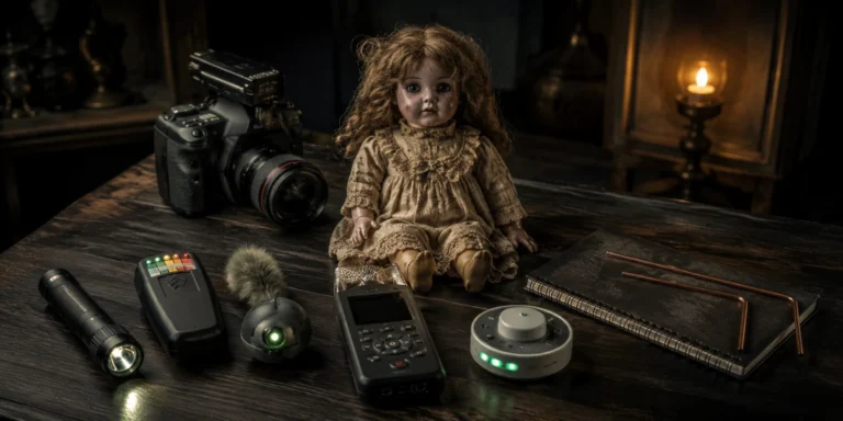 Haunted object investigation tools with doll, camera, EMF meter and recorder